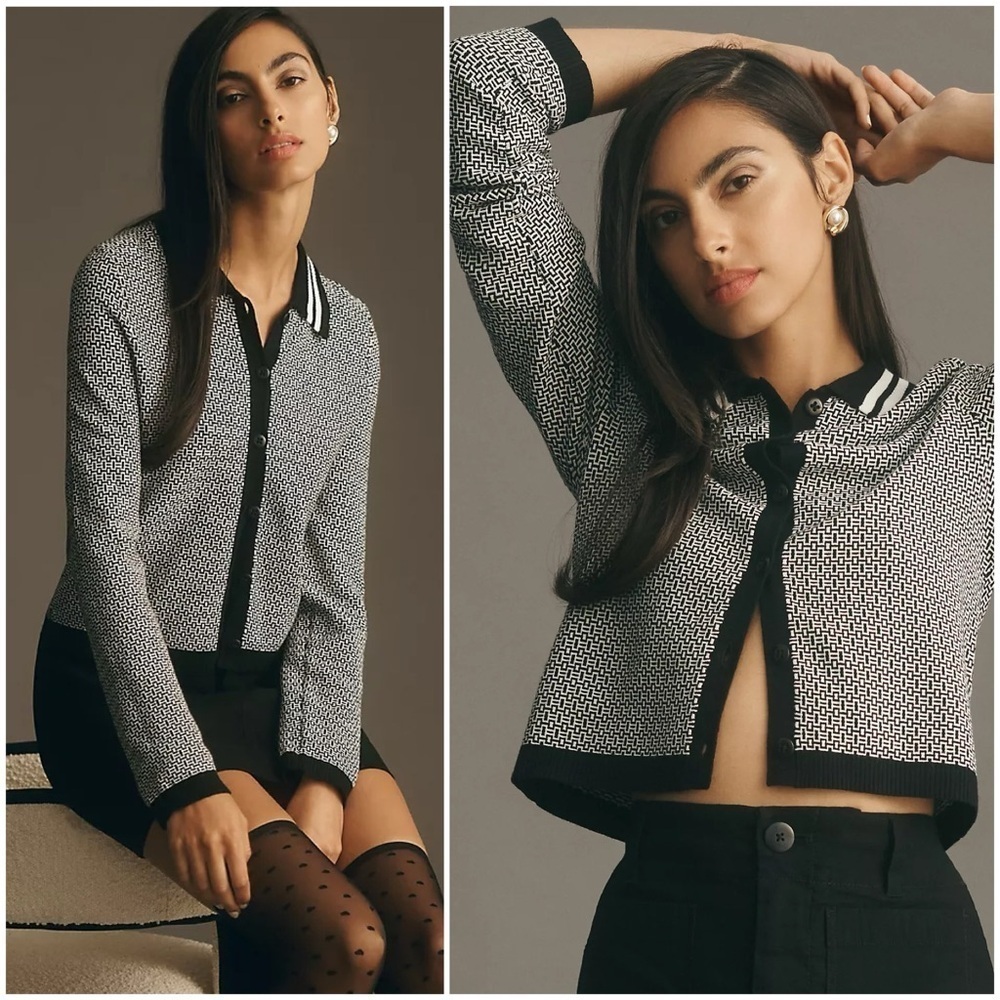 Anthropologie Maeve Plunging Geo Print Polo Women’s Preppy Cardigan Sweater Sz M